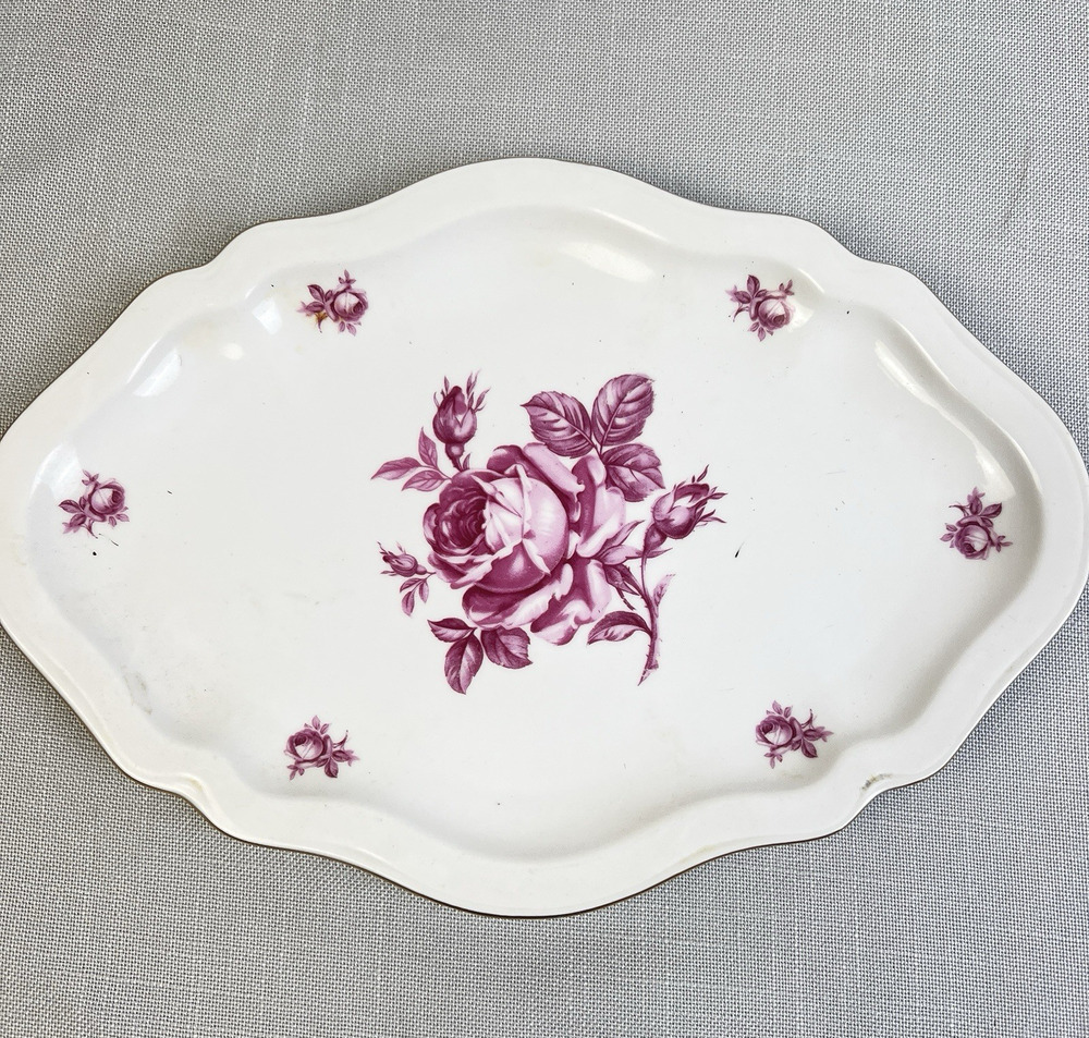 Bohemian Czechoslovakia 12" Serving Platter Roses Pink Gold Vintage Cottagecore